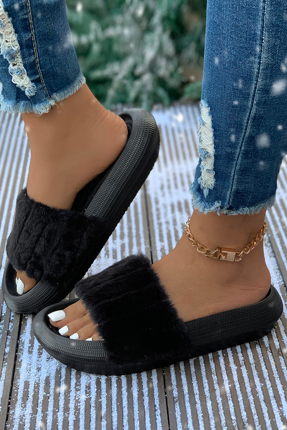Pink Comfy Plush Band Open Toe Slippers