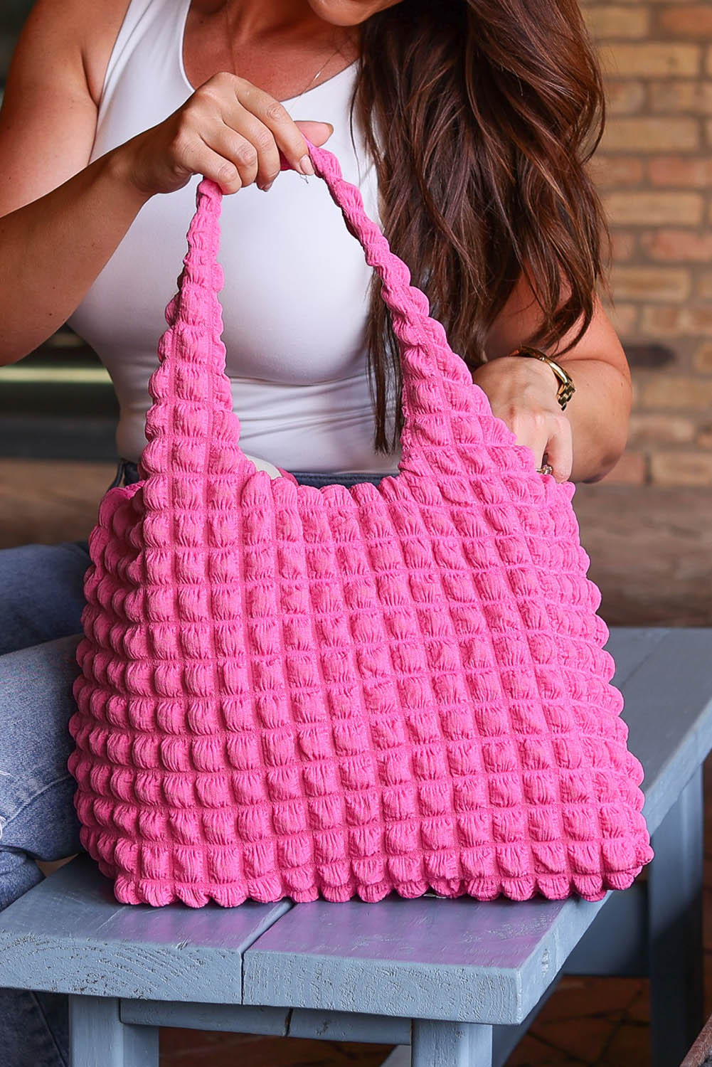 Rose Textured Pleated Bubble Shoulder Bag