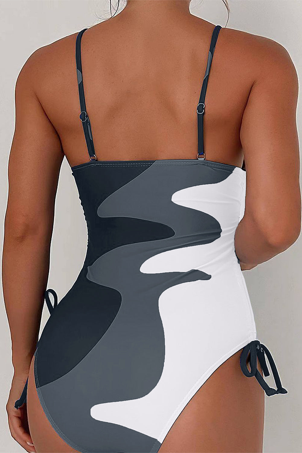 Rose Printed Color Block Drawstring Sides One Piece Swimsuit