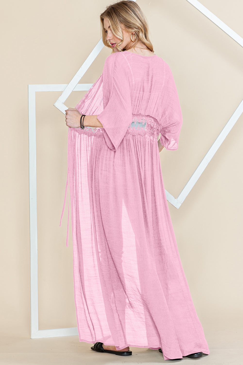 Light Pink Lace Splicing Open Front Maxi Kimono
