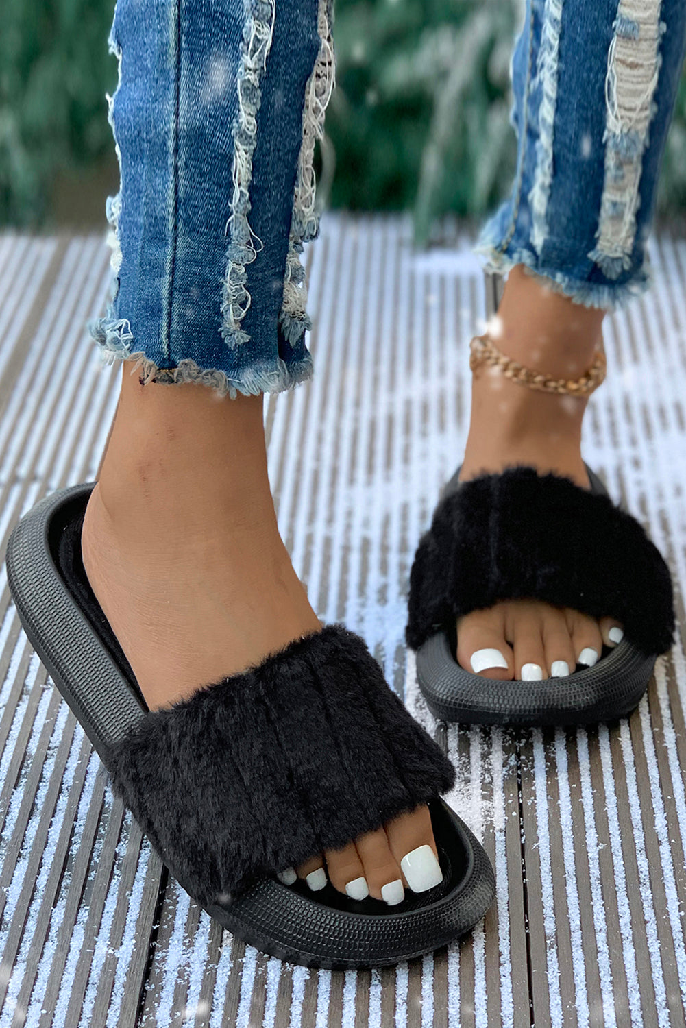 Pink Comfy Plush Band Open Toe Slippers