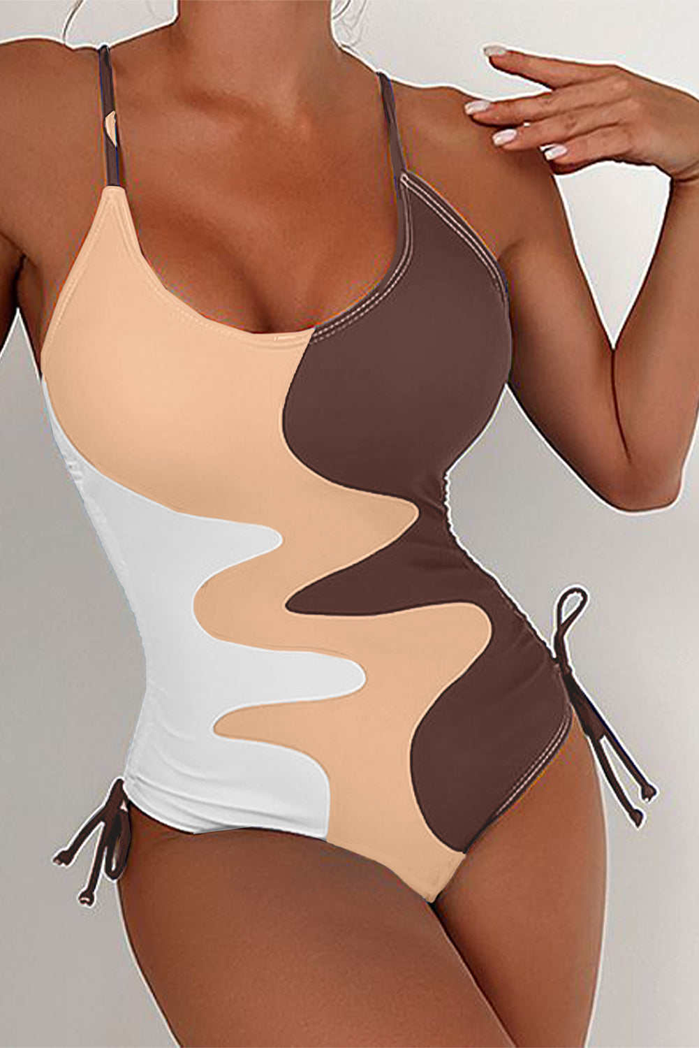 Rose Printed Color Block Drawstring Sides One Piece Swimsuit