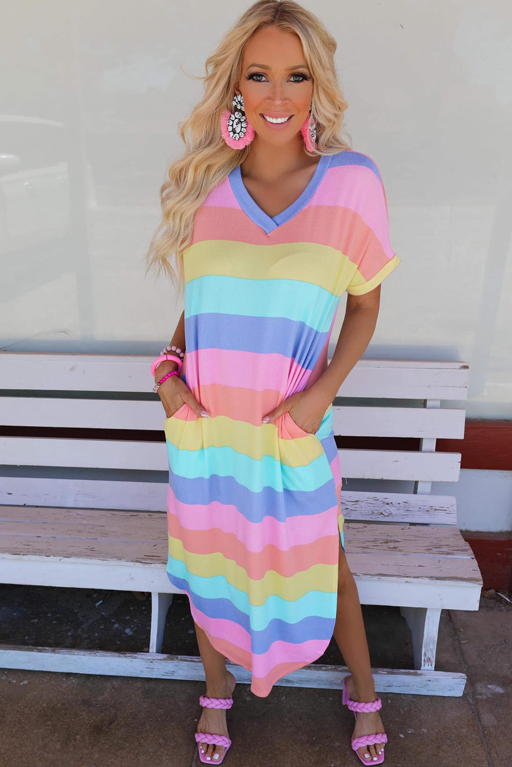 Multicolor Striped V Neck Side Slits T Shirt Dress with Pockets