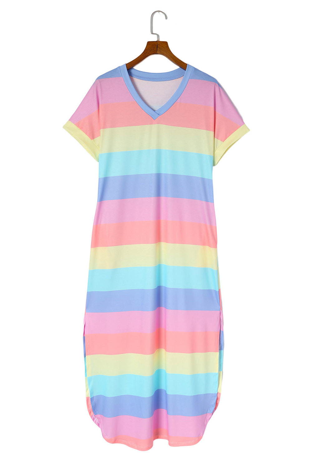 Multicolor Striped V Neck Side Slits T Shirt Dress with Pockets