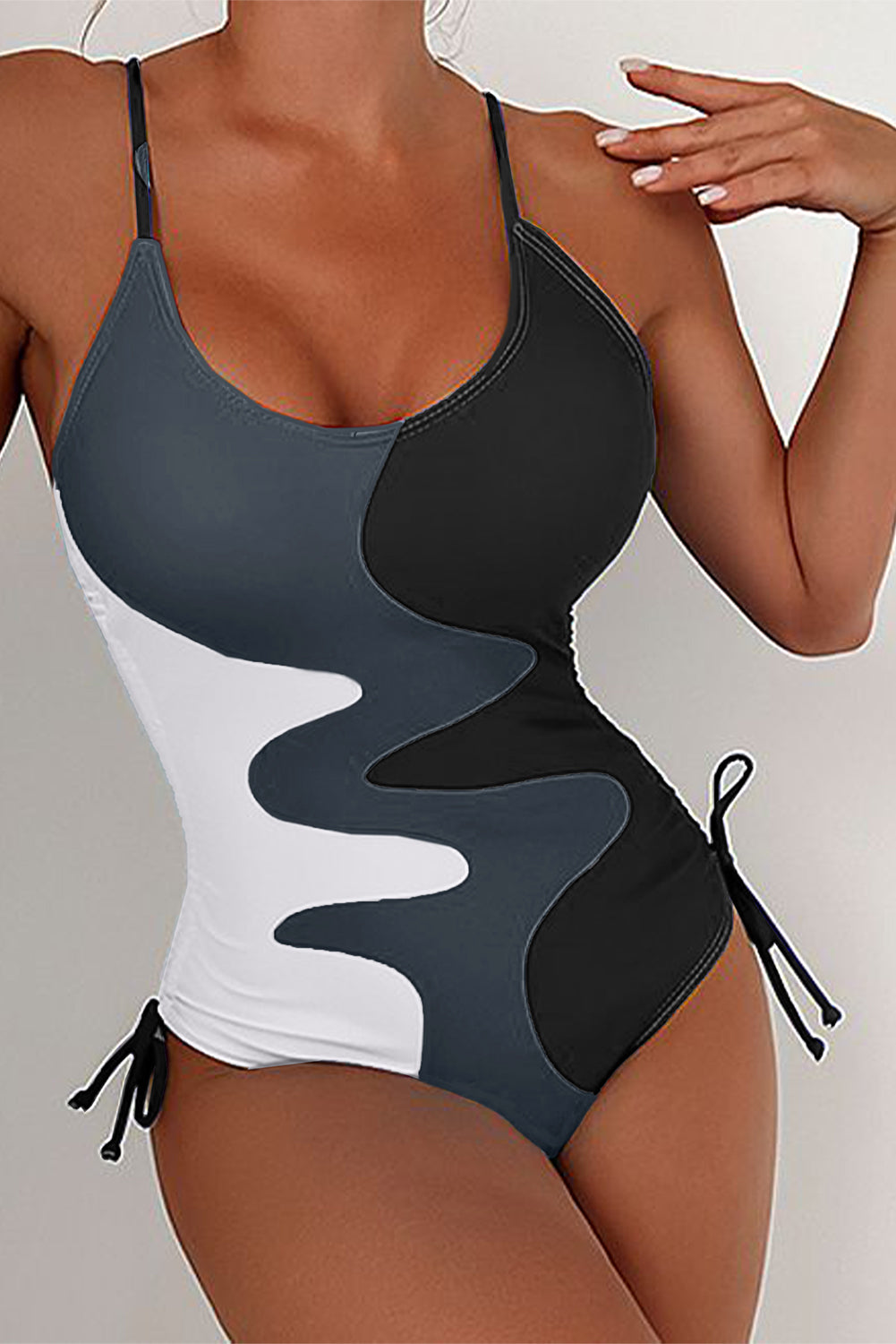 Rose Printed Color Block Drawstring Sides One Piece Swimsuit
