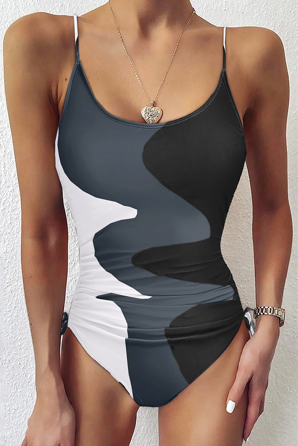 Rose Printed Color Block Drawstring Sides One Piece Swimsuit