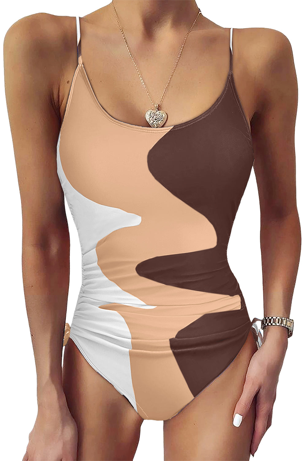 Rose Printed Color Block Drawstring Sides One Piece Swimsuit