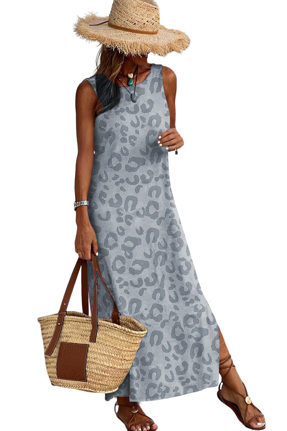 Rosy Leopard Print Side Slits Casual Sleeveless Dress