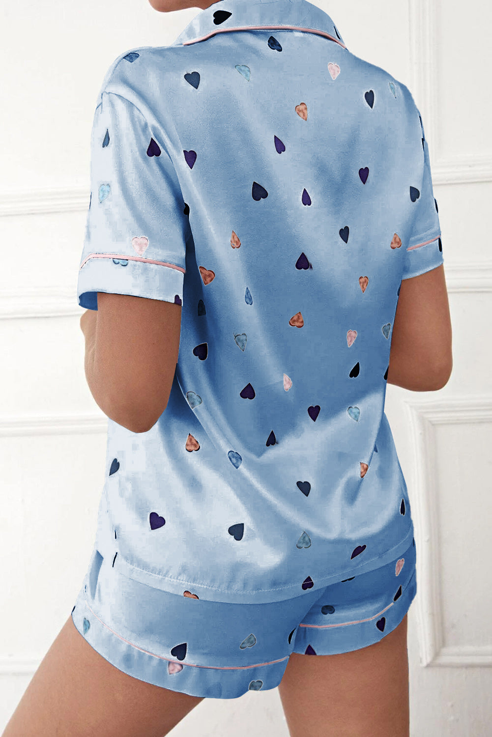 Pink Heart Print Pocket Shirt & Elastic Shorts Lounge Set