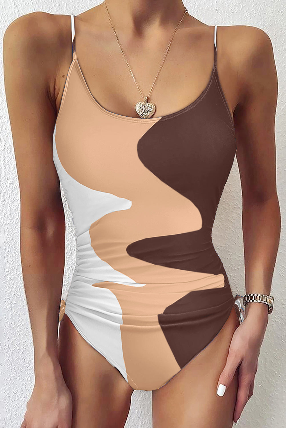 Rose Printed Color Block Drawstring Sides One Piece Swimsuit