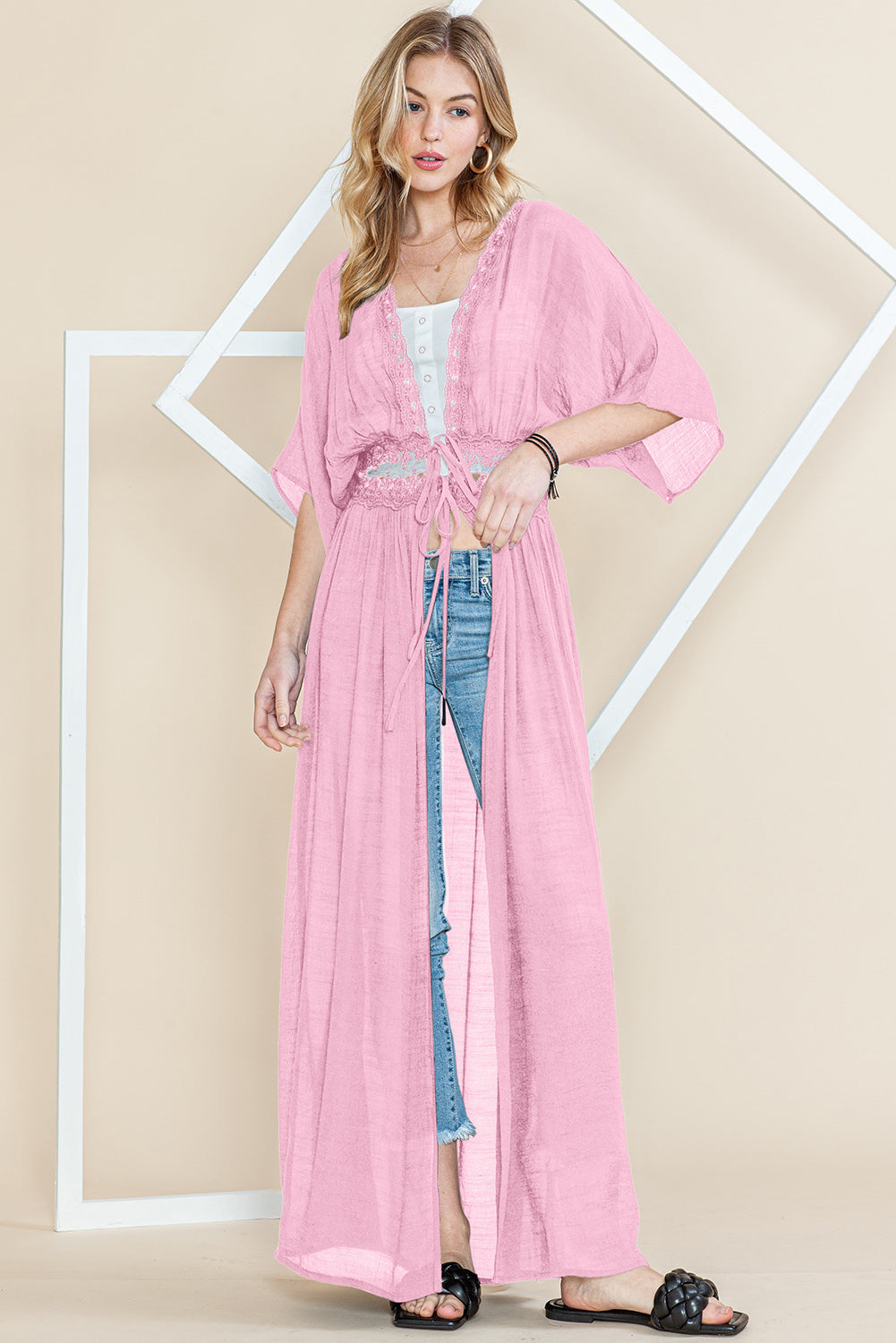 Light Pink Lace Splicing Open Front Maxi Kimono