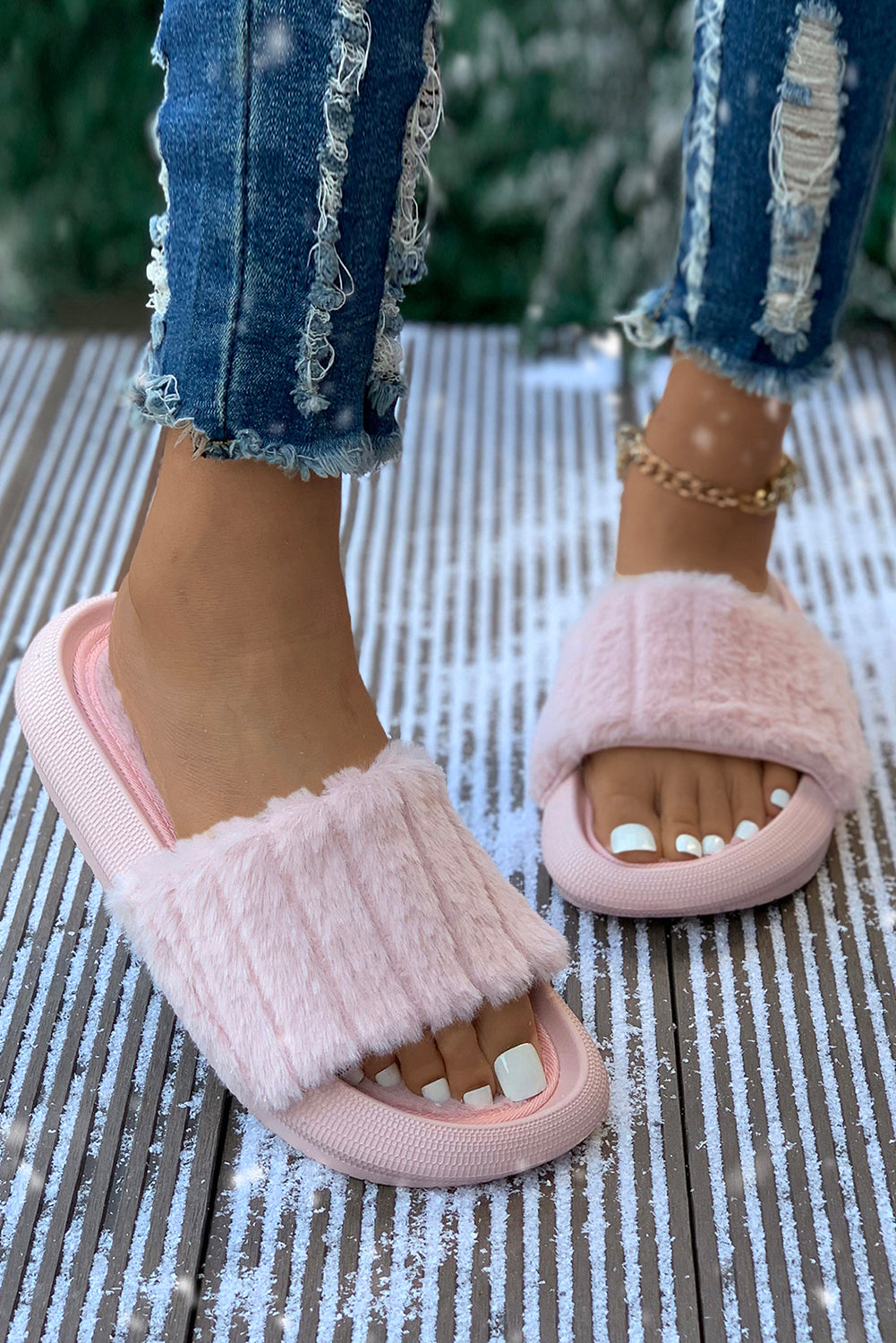 Pink Comfy Plush Band Open Toe Slippers