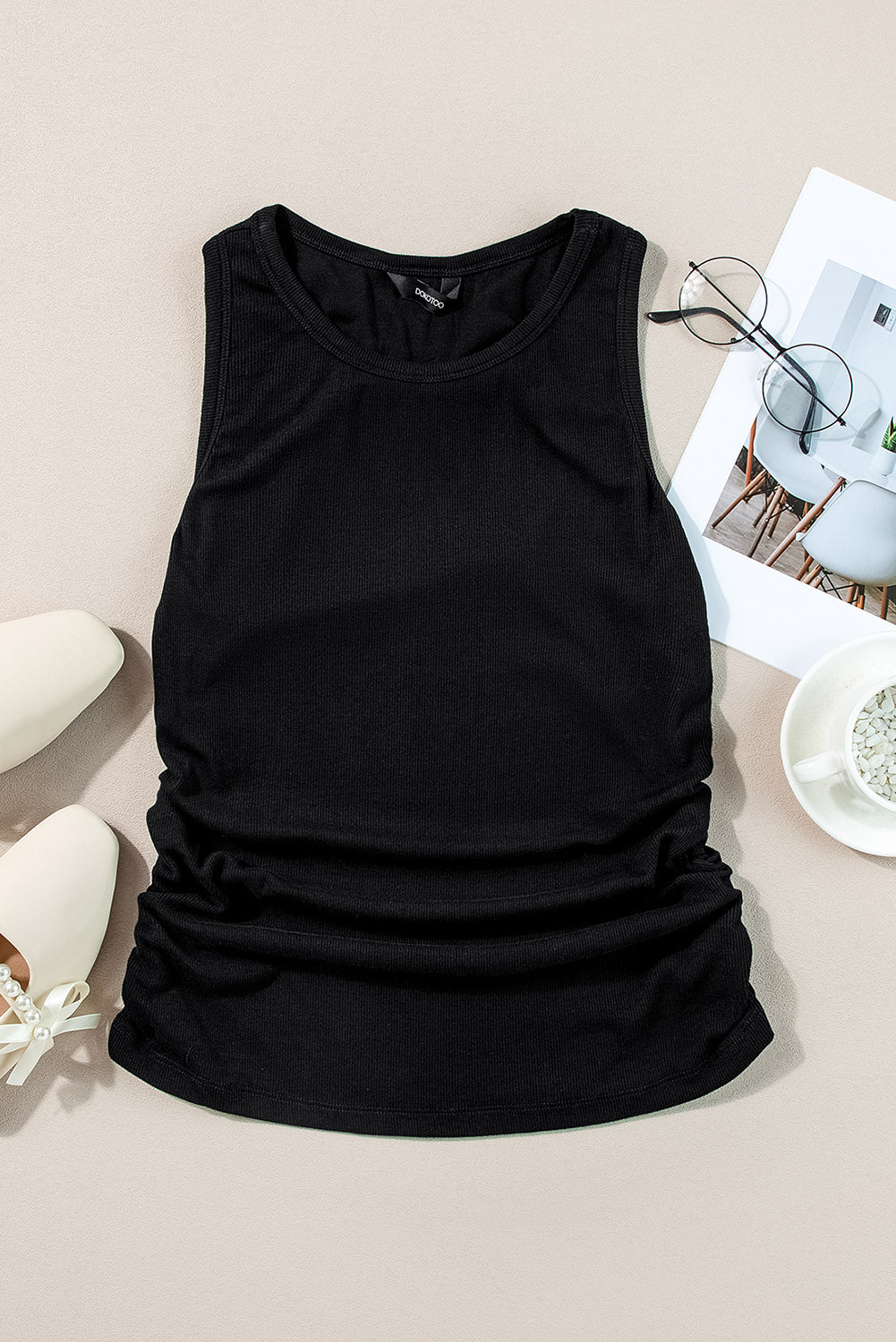 Apricot Pink Solid Color Ruched Side Tank Top