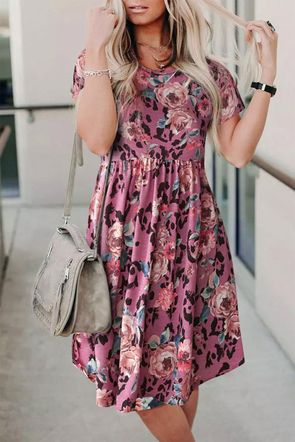 Multicolor Foral Print Short Sleeve A-line High Waist Dress