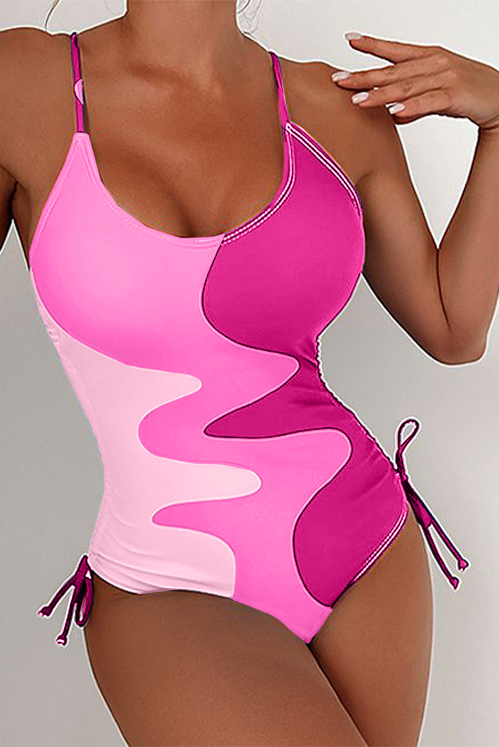 Rose Printed Color Block Drawstring Sides One Piece Swimsuit