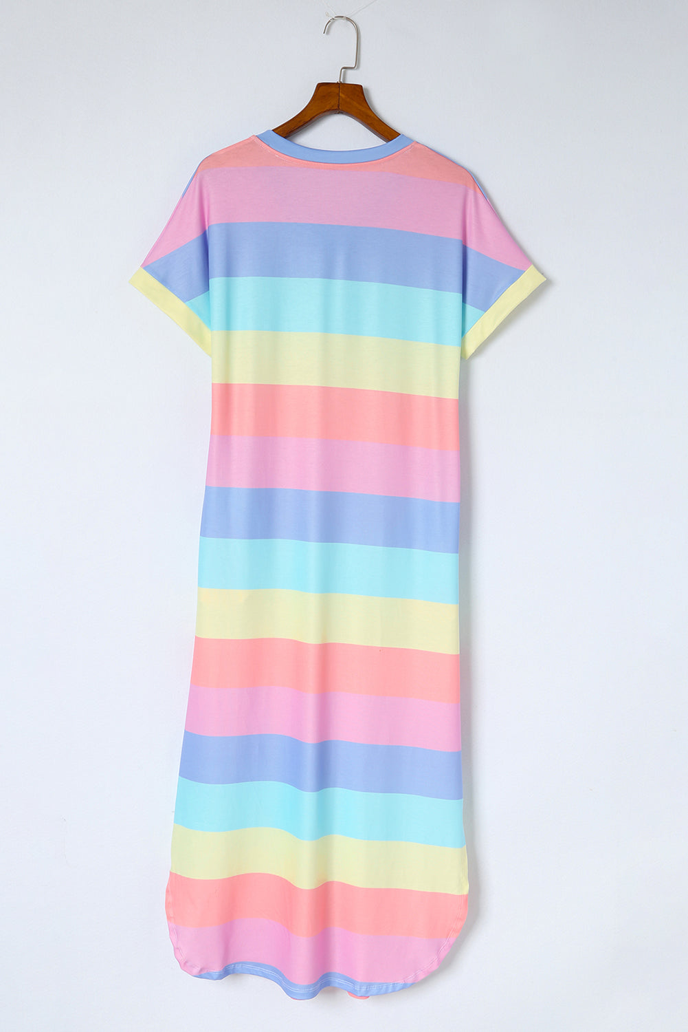 Multicolor Striped V Neck Side Slits T Shirt Dress with Pockets