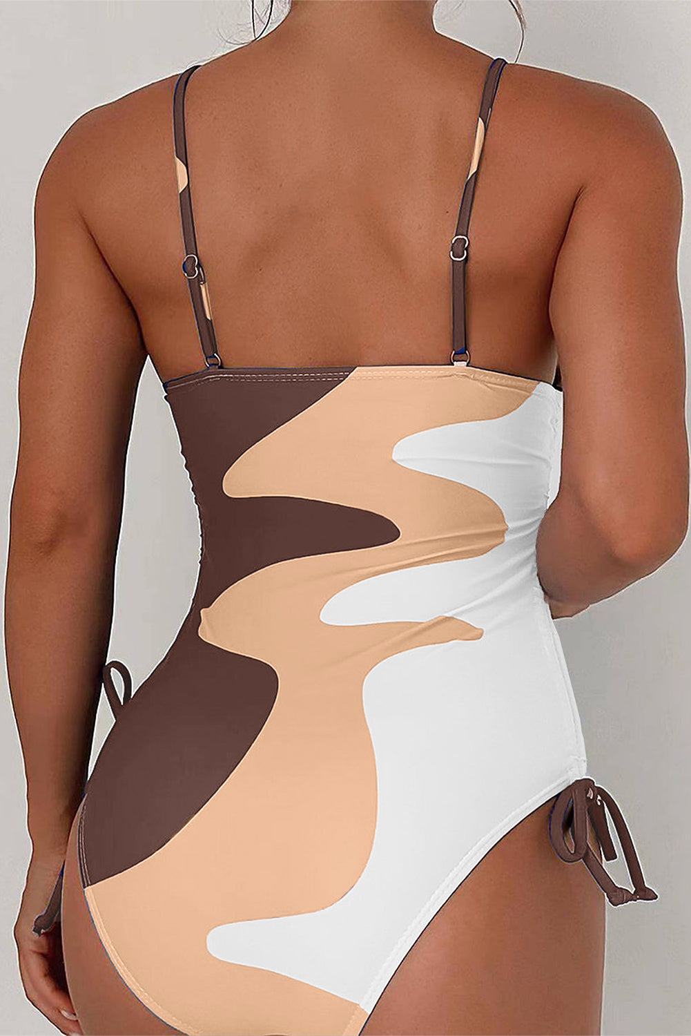 Rose Printed Color Block Drawstring Sides One Piece Swimsuit