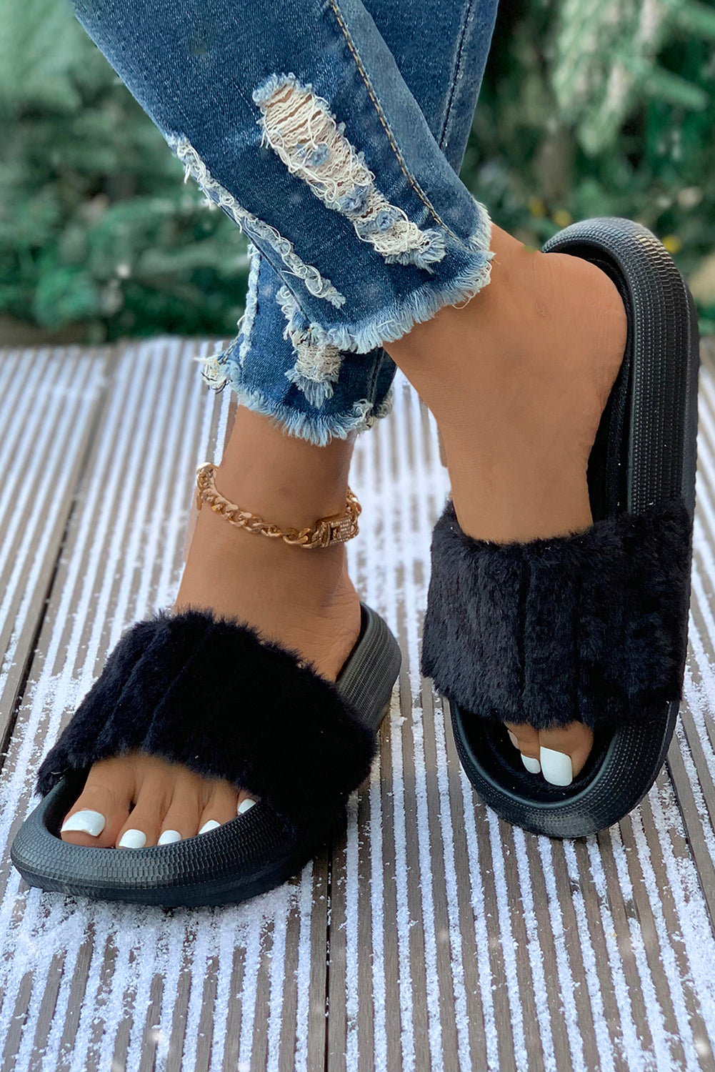 Pink Comfy Plush Band Open Toe Slippers
