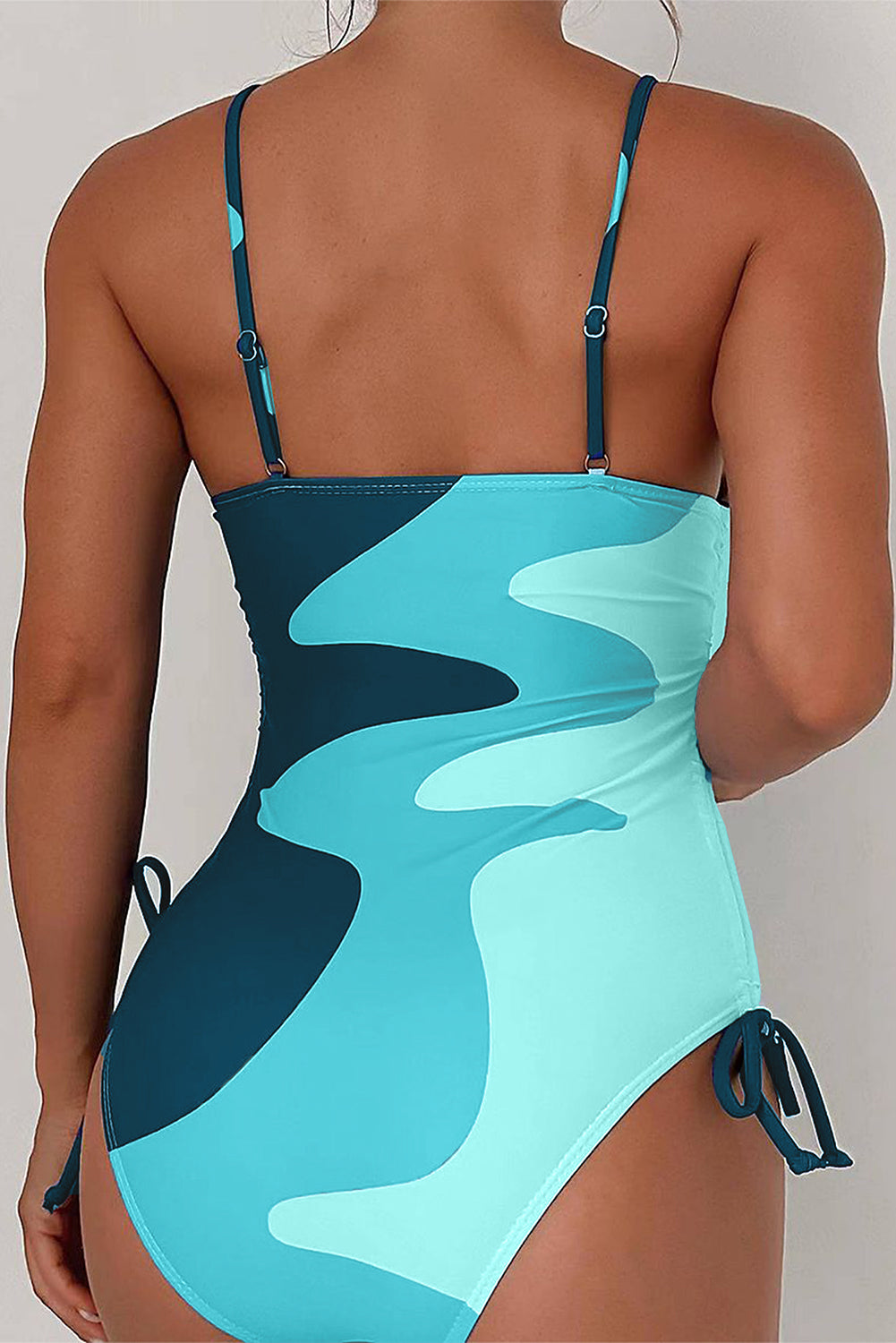 Rose Printed Color Block Drawstring Sides One Piece Swimsuit