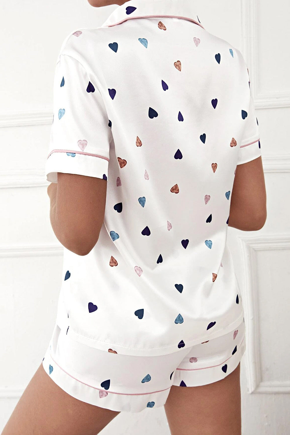 Pink Heart Print Pocket Shirt & Elastic Shorts Lounge Set