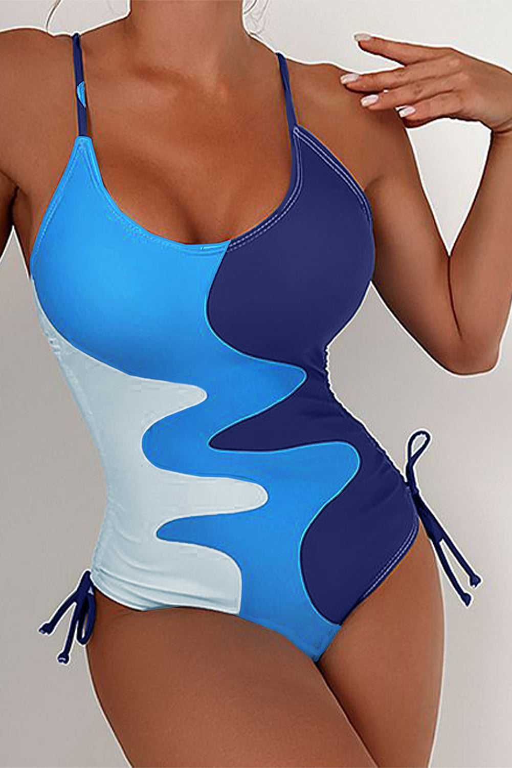 Rose Printed Color Block Drawstring Sides One Piece Swimsuit
