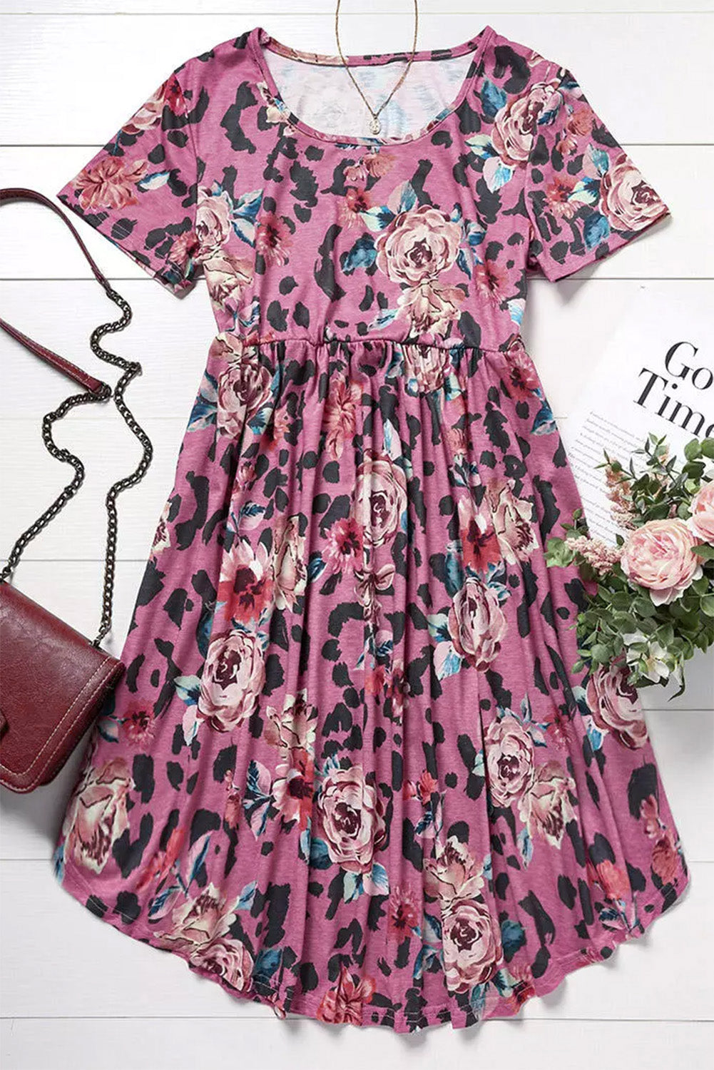 Multicolor Foral Print Short Sleeve A-line High Waist Dress