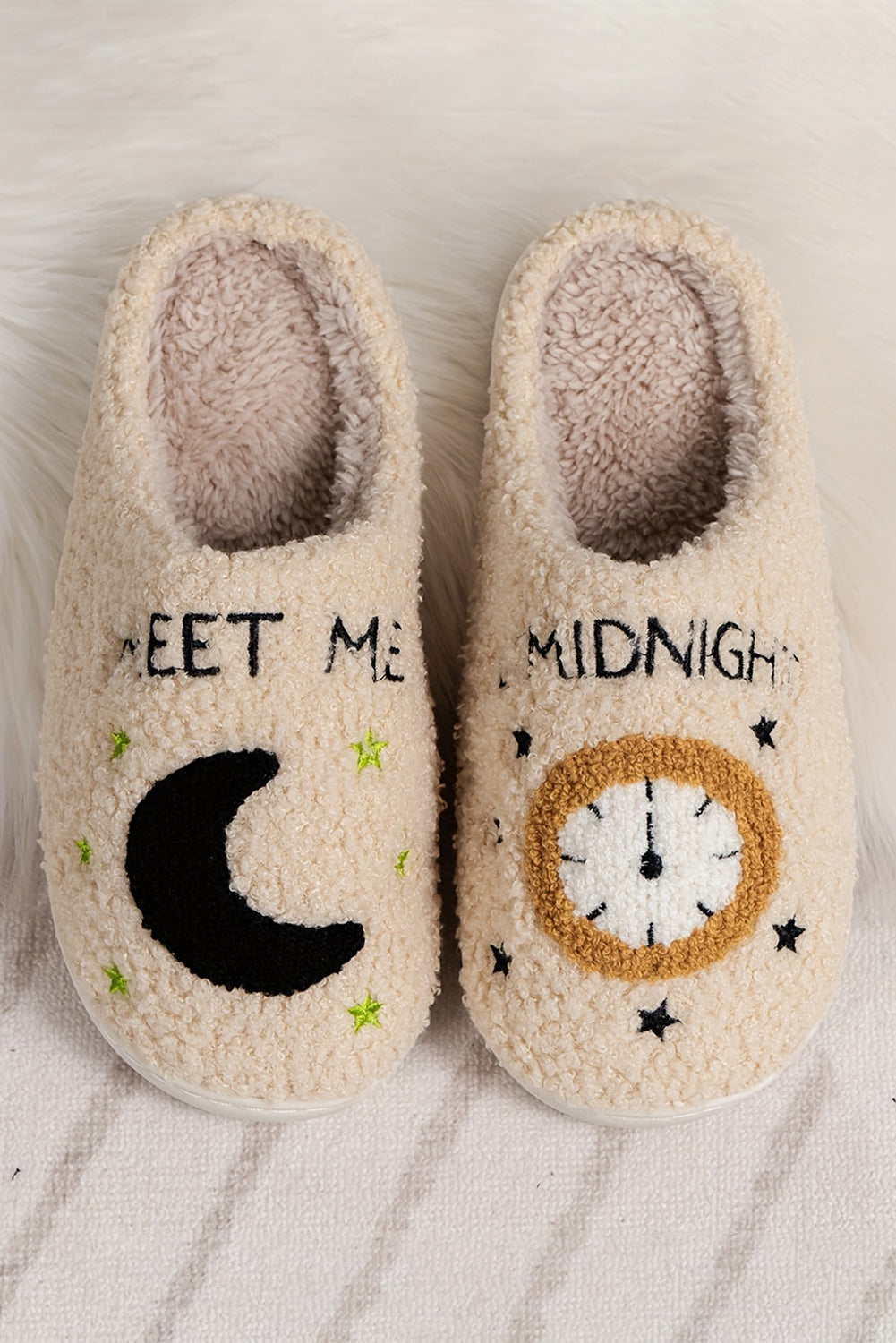 Light Pink Moon & Clock Pattern Fuzzy Winter Slippers