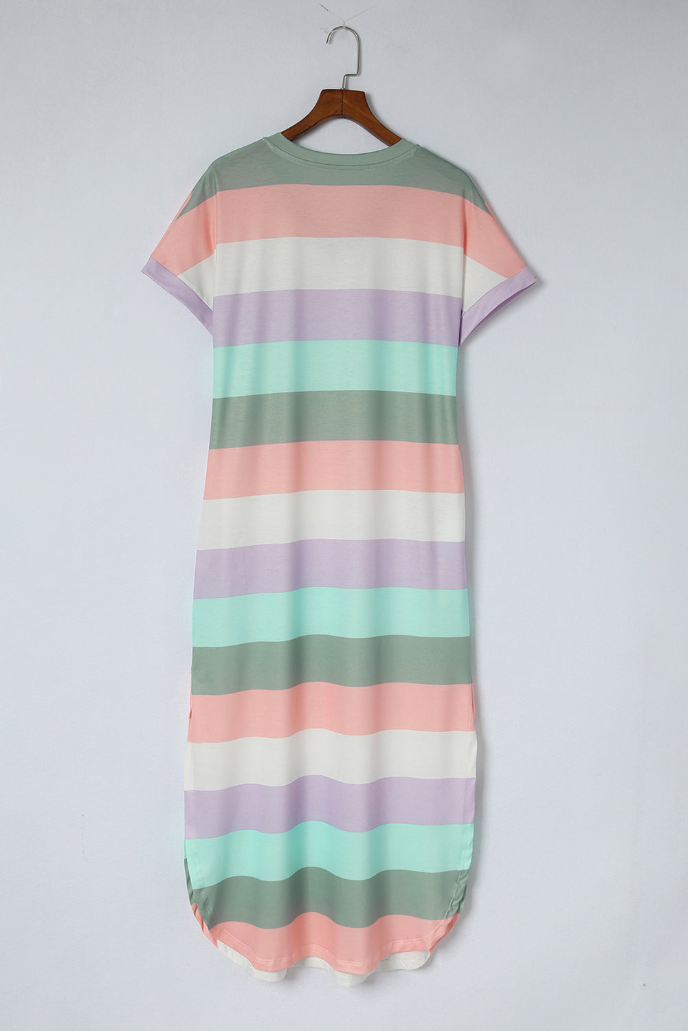 Multicolor Striped V Neck Side Slits T Shirt Dress with Pockets
