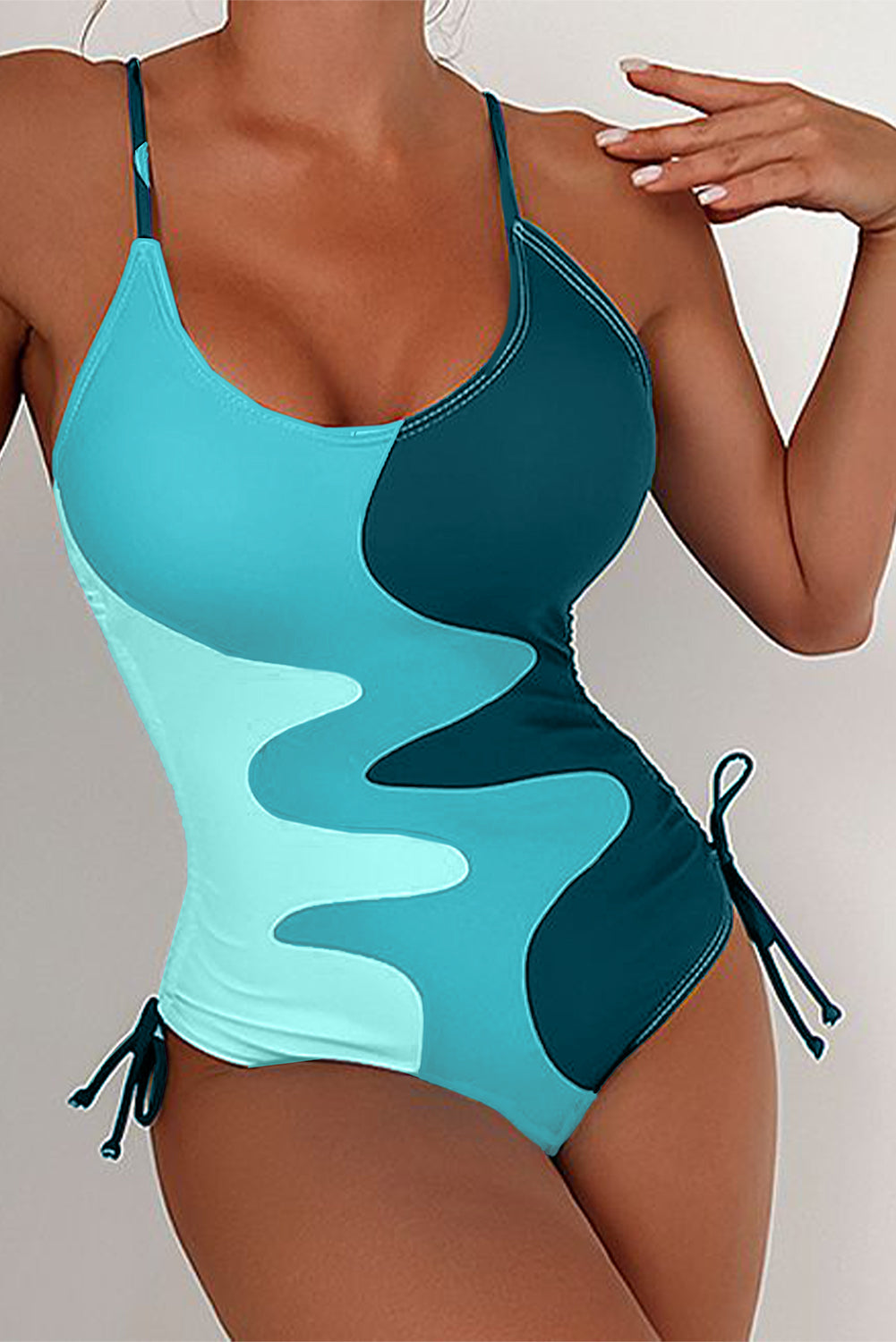 Rose Printed Color Block Drawstring Sides One Piece Swimsuit