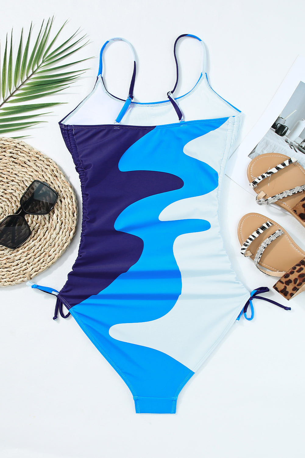 Rose Printed Color Block Drawstring Sides One Piece Swimsuit